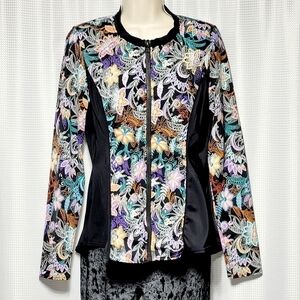 fit 4 u Swimwear Jacket Built in Bra Tropical Floral Print Long Sleeve Size 14